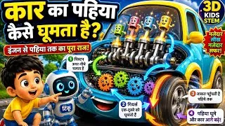 Thumbnail: 🚗 कार का पहिया कैसे घूमता है? ⚙️ | Engine कैसे काम करता है? | चीकू और टिंकू | 3D Kids Science
