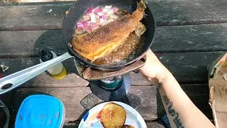 Thumbnail: Catch N' Cook - Blackened Brown Trout Sandwich with Fried Onion, Crispy Skin and Spicy Mayo