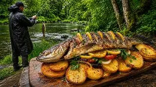 Thumbnail: Caught a Big Fish in the Rain – Primitive Campfire Cooking
