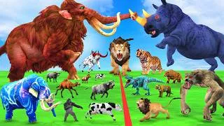 Thumbnail: 10 Mammoth Elephant Cow Vs Giant Angry Rhino Vs 10 Giant Tiger Wolf T-Rex Cow Save By Woolly Mammoth