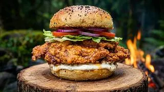 Thumbnail: Crispy HOT Honey Chicken Burger Over Campfire | ASMR Forest Cooking