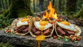 Thumbnail: Cooking STEAK & Eggs Tacos with Fresh Pico de Gallo by the Forest Stream