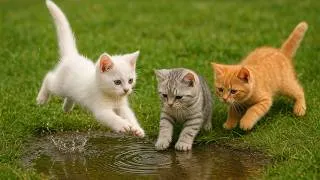 Thumbnail: Playful kittens frolic in a puddle on the lawn - Cat sounds - Cat videos