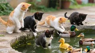 Thumbnail: Beautiful kittens playing with ducks by a small pond | Cat meowing sounds | Cat video