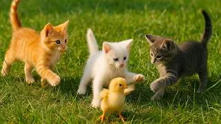 Thumbnail: The nimble kittens playfully chase chicks on the grass - Cat sounds - Cat videos