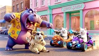 Thumbnail: Mama cat and Kittens compete against a leopard in an animal car race - Animal Funny Videos 2