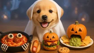 Thumbnail: Spooky Halloween Foods & Desserts with Puppy 🎃🐶 | AI ASMR Eating Sounds #4k #aiasmr #asmr 