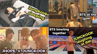 Thumbnail: Jungkook posts laughing at RM, BTS bowling together, Jhope & V at the gym, RM, JK, V, Jhope hangout