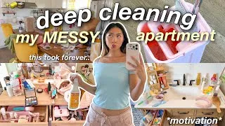Thumbnail: EXTREME APARTMENT DEEP CLEAN! decluttering, organizing, motivation + cleaning my MESSY apartment✨