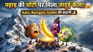 Thumbnail: 🍌 पहाड़ की चोटी पर मिला जादुई केला! 😱 | Aalu, Baingan, Gobhi की कहानी | Hindi Cartoon