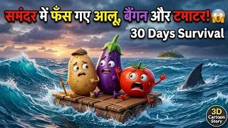 Thumbnail: समंदर में फँस गए आलू, बैंगन और टमाटर! 😱 | 30 Days Survival | 3D Cartoon Story