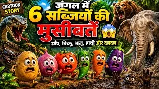 Thumbnail: जंगल में 6 सब्जियों की मुसीबतें 😱 | साँप, बिच्छू, भालू, हाथी और दलदल | Cartoon Story