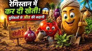 Thumbnail: 🥔🍅 आलू-टमाटर ने रेगिस्तान में कर दी खेती! 😱 | मुश्किलों से जीत की कहानी | Vegetable Cartoon