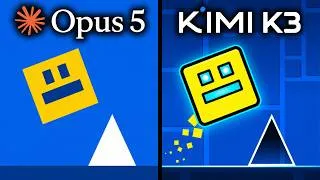 Thumbnail: Claude Opus 5 vs Kimi K3 Make Geometry Dash