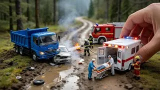 Thumbnail: Forest Road Disaster 😱🚚 Car Hit by Blue Hino Truck | Ambulance Rescue | Realistic Miniature Diorama