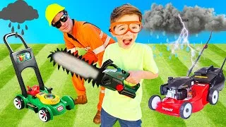 Thumbnail: Lawn mower and Garbage Trucks for Kids Video | blippi leaf blower weed eater toys | min min playtime