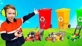 Thumbnail: Garbage Truck Toy & Lawn Mowers for Kids with Blippi Toddler | fire trucks weed eater leaf blowers