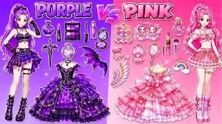 Thumbnail: PINK vs 💜PURPLE Outfit Challenge!Rumi & Mira Makeup Fashion Battle💋 Paper Doll🥟SQUISHY DUMPLING