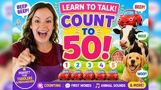 Thumbnail: Learn To Talk with Miss Katie 🗣️ Count to 50, Farm Animals, First Words & Dinosaur Songs (30 Mins)
