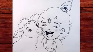 Thumbnail: Cute laughing krishna with cow outline pencil drawing | gods krishna drawing 