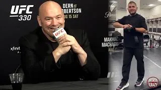 Thumbnail: Dana White reacts to Khabib Nurmagomedov wearing UFC gloves backstage at UFC 330