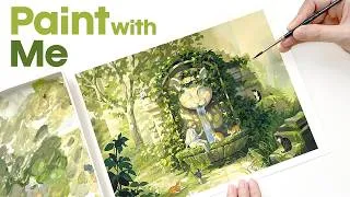 Thumbnail: I Painted a Little Paradise for Cats｜Relaxing Gouache Painting Process｜Paint With Me｜Fantasy Scene🌿🐈
