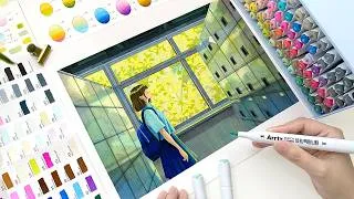 Thumbnail: Alcohol Marker Painting Tutorial｜Relaxing Draw with Me｜Free Printable Sketch｜Blending & Layering Tip