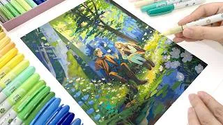 Thumbnail: Acrylic Markers Like Gouache?🌿From Test to Full Illustration｜Relaxing Painting Video｜Paint With Me