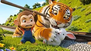 Thumbnail: Funny Monkey Saves Little Rabbit from Big Tiger & Train 🐒🚂