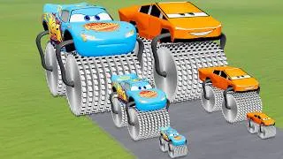 Thumbnail: Big & Small Double Monster Saw Wheels: Tesla Cybertruck vs Lightning Mcqueen vs Train | BeamNG.Drive