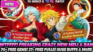 Thumbnail: *WTFFF! FREAKING CRAZY NEW MELI & BAN!* 70+ Free Gems & 27+ Pulls! Huge Buffs! More (7DS Grand Cross