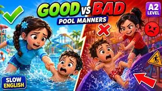 Thumbnail: Good vs Bad Pool Manners | Easy English Listening Story for Beginners (A1-A2 Level)