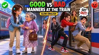 Thumbnail: 🚆✨ Good vs Bad Manners at the Train! | Easy English Listening for Beginners (A1-A2)