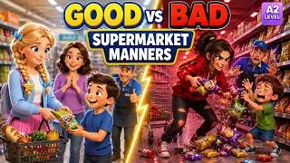 Thumbnail: GOOD vs BAD Supermarket manners | Easy English Video for Begnners (A2 Level)