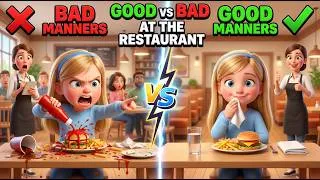 Thumbnail: 🍽️ GOOD vs BAD Restaurant Manners | Easy English Listening Practice (A1-A2 Level)