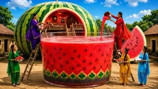 Thumbnail: 🍉 5 बहनों ने बनाया 30 फुट का विशाल Watermelon House और पूरे गाँव के लिए ठंडा-मीठा तरबूज शेक! 🏠🥤