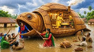 Thumbnail: Cloudburst in Village! 4 Sisters Build Giant Floating Wooden Turtle House & Rescue Everyone! 🐢