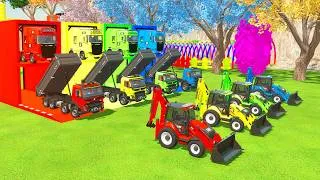 Thumbnail: Colorful trucks - ALL COLORFUL CATERPILAR BACKHOE EXCAVATOR, VOLVO DUMP TRUCK TRANSPORTING TO GARAGE