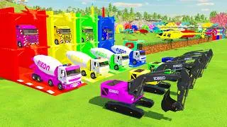 Thumbnail: Colorful trucks - ALL COLORFUL KOBELCO SK480 EXCAVATOR, ELKON MIXER TRUCK TRANSPORTING AND PARKING