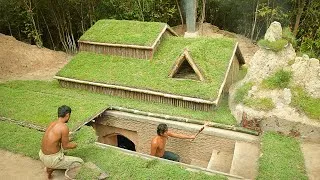 Thumbnail: Building underground hut with grass roof & fireplace with clay