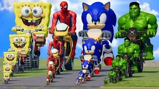 Thumbnail: Big & Small SpongeBob vs Spiderman vs Sonic vs Hulk on a motorcycle vs Thomas the Tank Engine Train