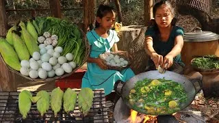 Thumbnail: Boiled baby egg soup mix with vegetable for tasty- Grilled corns eating delicious