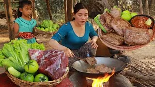 Thumbnail: Yummy! Beef steak for tasty delicious- Cooking beef with hot spicy chili sauce for lunch in forest