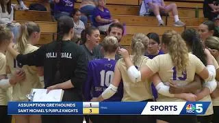 Thumbnail: Saint Michael's Volleyball splits tri-match tournament with a win against Assumption