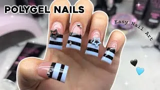 Thumbnail: STRIPED FRENCH TIP POLYGEL NAILS🖤🩵 BEGINNER FRIENDLY NAIL ART & POLYGEL APPLICATION | Nail Tutorial