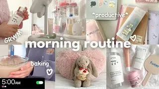 Thumbnail: 5 AM realistic morning routine🩰🧸 GRWM, baking, cozy morning, productive, self care, shelf makeover
