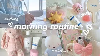 Thumbnail: 5 AM productive morning routine🌷🫧 GRWM, study vlog, cozy morning, baking, painting, selfcare