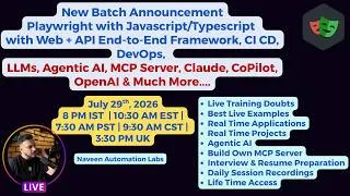 Thumbnail: NEW BATCH ANNOUNCEMENT:Playwright JavaScript/TypeScript Training: 29th July 2026 (Registration Open)