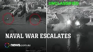Thumbnail: Footage shows first US sea drone strike exploding inside Iranian naval base