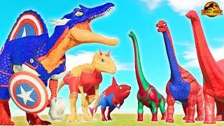 Thumbnail: Captain Spinosaurus Battles Superhero T-Rex & Brachiosaurus Patrol Team - Jurassic World Evolution 2